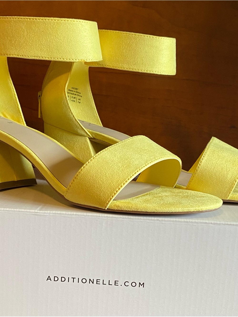 Addition Elle Lemon Drop Suede Ankle-Strap Block Heel Sandals. 2 1/4” heel. 9W.